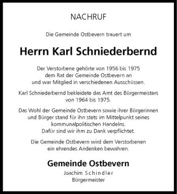 Anzeige von Karl Schniederbernd von Westfälische Nachrichten