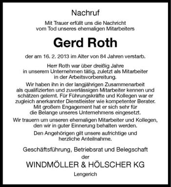 Anzeige von Gerd Roth von Westfälische Nachrichten