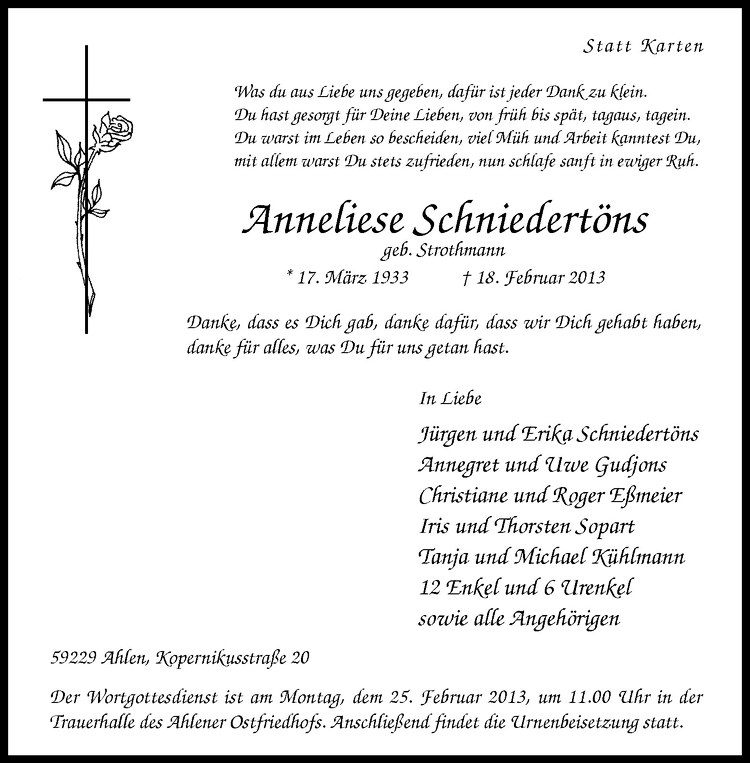  Traueranzeige für Anneliese Schniedertöns vom 22.02.2013 aus Westfälische Nachrichten