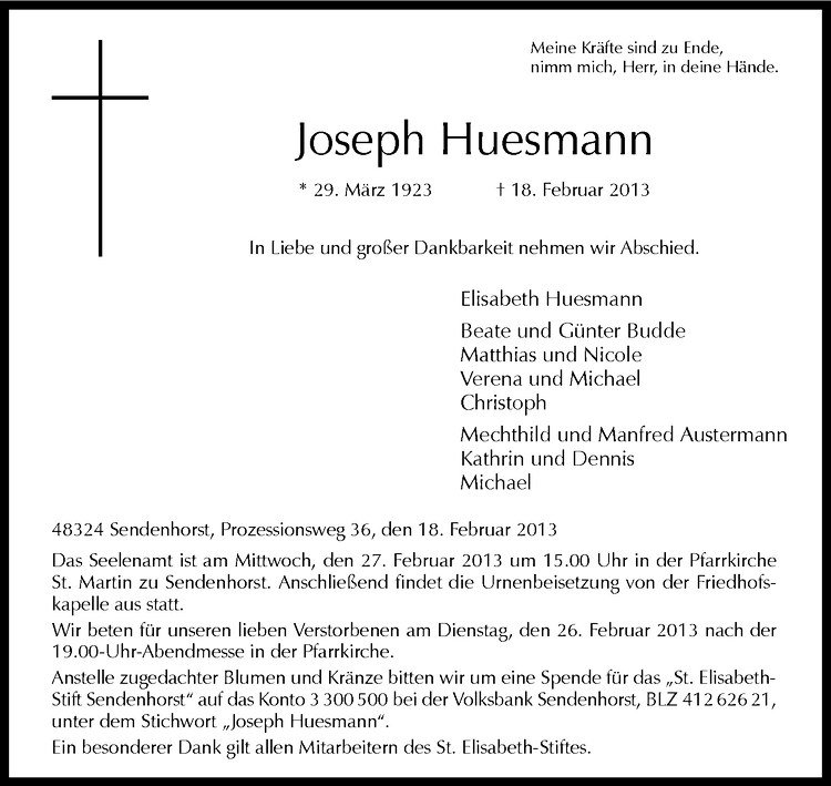  Traueranzeige für Joseph Huesmann vom 23.02.2013 aus Westfälische Nachrichten