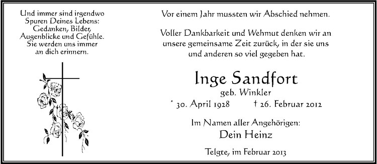  Traueranzeige für Inge Sandfort vom 26.02.2013 aus Westfälische Nachrichten