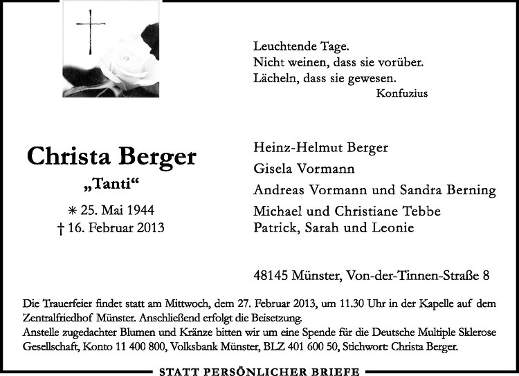  Traueranzeige für Christa Berger vom 22.02.2013 aus Westfälische Nachrichten