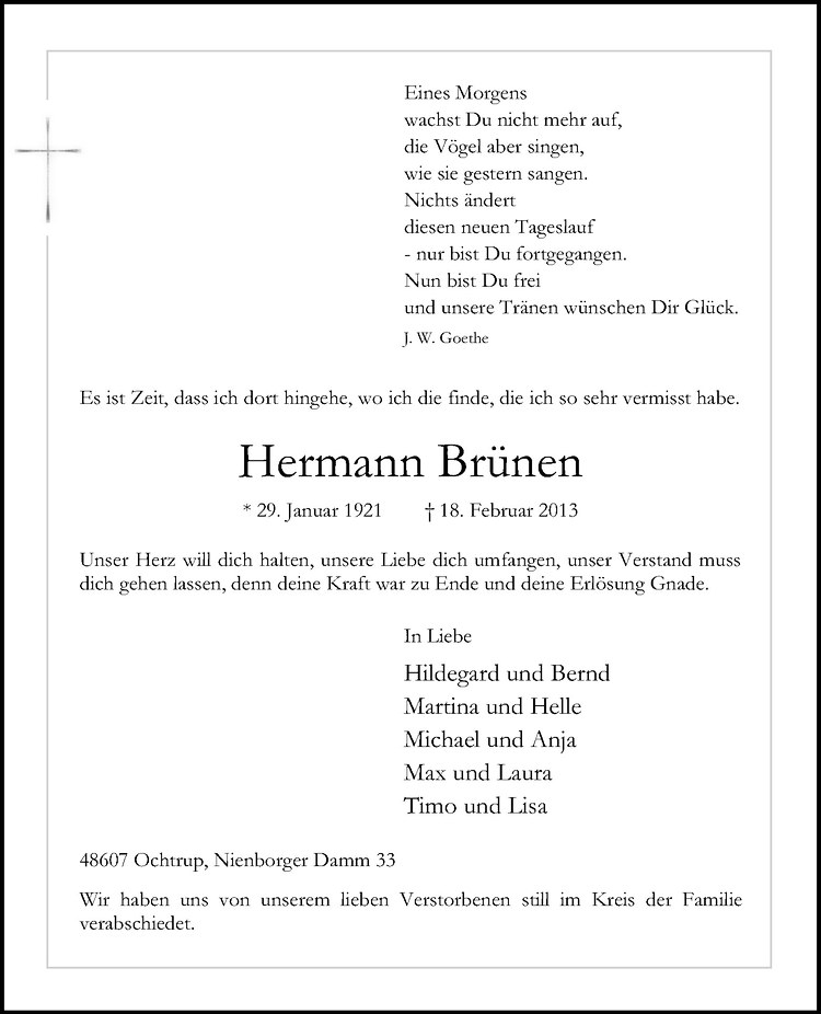  Traueranzeige für Hermann Brünen vom 23.02.2013 aus Westfälische Nachrichten