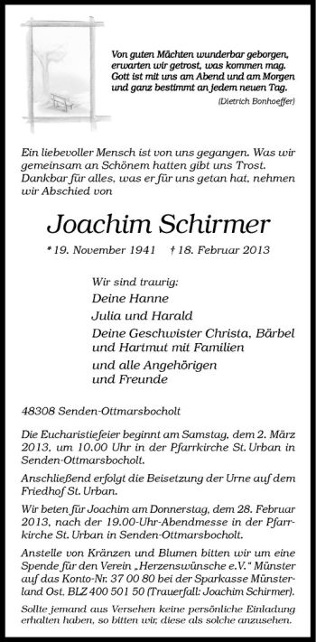 Anzeige von Joachim Schirmer von Westfälische Nachrichten