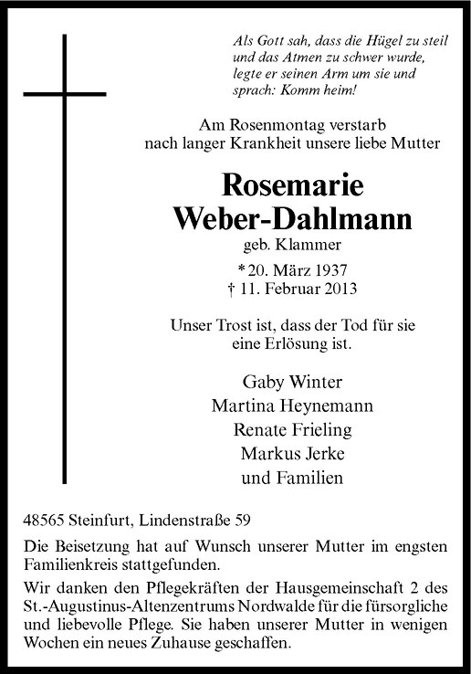  Traueranzeige für Rosemarie Weber-Dahlmann vom 23.02.2013 aus Westfälische Nachrichten
