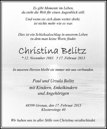Anzeige von Christina Belitz von Westfälische Nachrichten
