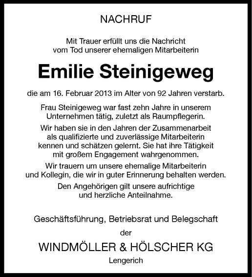  Traueranzeige für Emilie Steinigeweg vom 22.02.2013 aus Westfälische Nachrichten