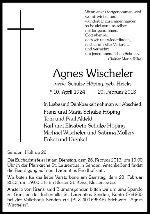  Traueranzeige für Agnes Wischeler vom 22.02.2013 aus Westfälische Nachrichten