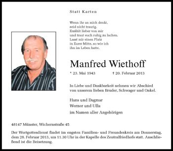 Anzeige von Manfred Wiethoff von Westfälische Nachrichten