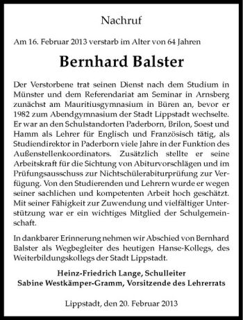 Anzeige von Bernhard Balster von Westfälische Nachrichten