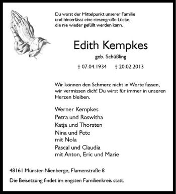 Anzeige von Edith Kempkes von Westfälische Nachrichten