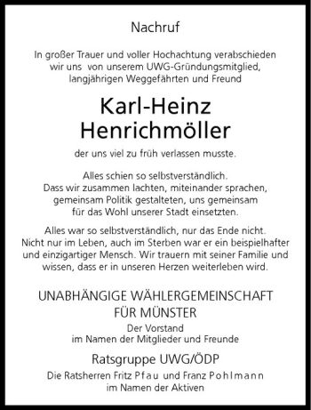 Anzeige von Karl-Heinz Henrichmöller von Westfälische Nachrichten