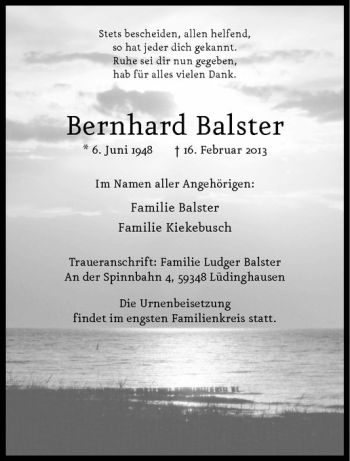 Anzeige von Bernhard Balster von Westfälische Nachrichten