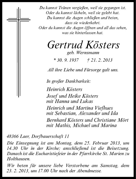  Traueranzeige für Gertrud Kösters vom 23.02.2013 aus Westfälische Nachrichten