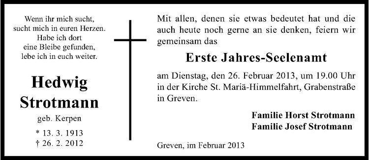  Traueranzeige für Hedwig Strotmann vom 25.02.2013 aus Westfälische Nachrichten