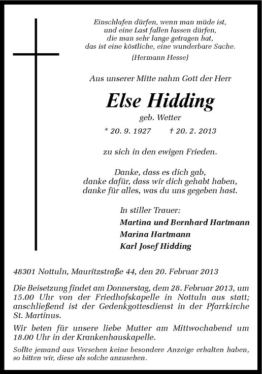  Traueranzeige für Else Hidding vom 23.02.2013 aus Westfälische Nachrichten