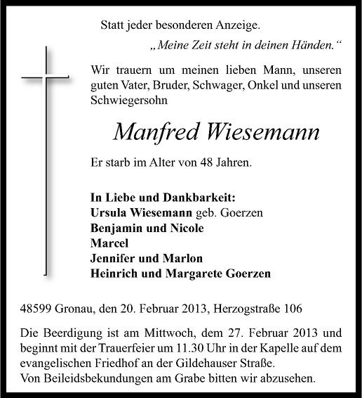  Traueranzeige für Manfred Wiesemann vom 23.02.2013 aus Westfälische Nachrichten