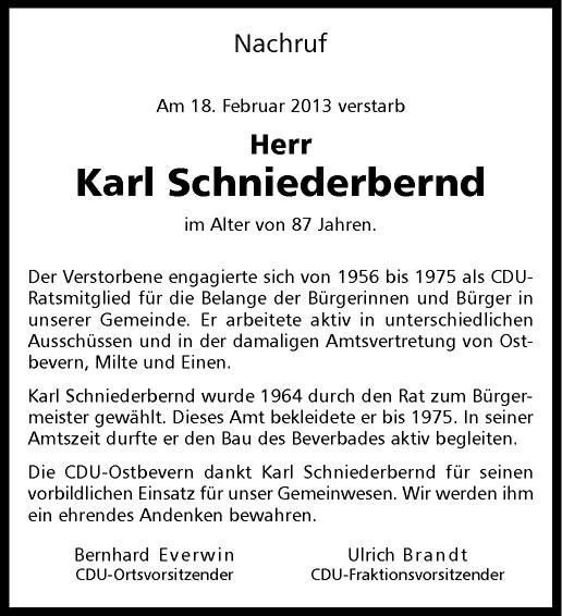  Traueranzeige für Karl Schniederbernd vom 23.02.2013 aus Westfälische Nachrichten