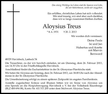 Anzeige von Aloysius Treus von Westfälische Nachrichten