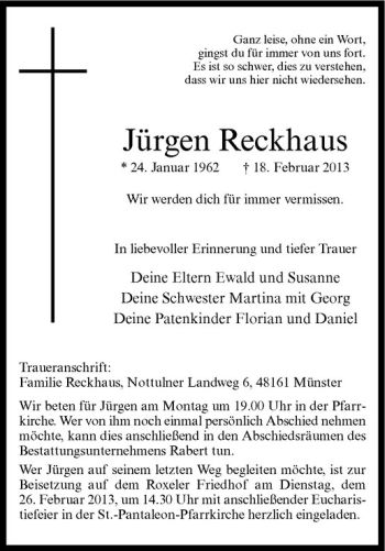 Anzeige von Jürgen Reckhaus von Westfälische Nachrichten