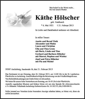 Anzeige von Käthe Hölscher von Westfälische Nachrichten