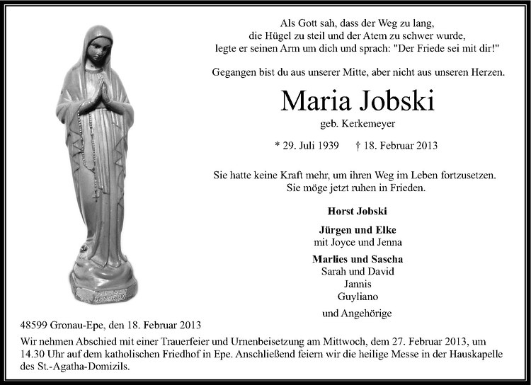  Traueranzeige für Maria Jobski vom 23.02.2013 aus Westfälische Nachrichten