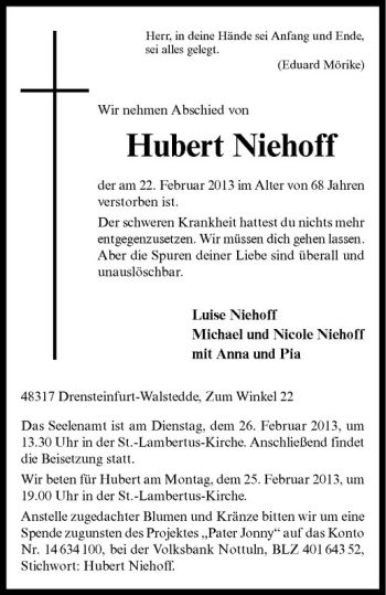 Anzeige von Hubert Niehoff von Westfälische Nachrichten