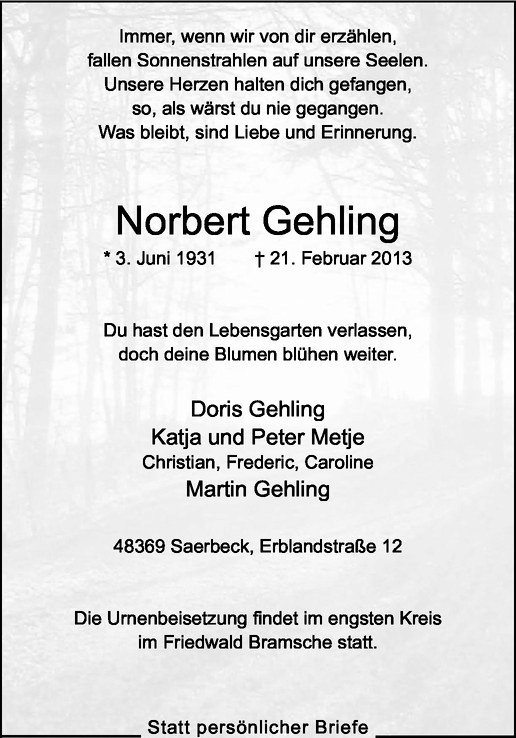  Traueranzeige für Norbert Gehling vom 26.02.2013 aus Westfälische Nachrichten