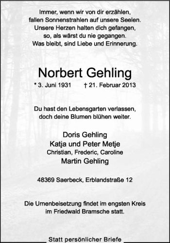 Anzeige von Norbert Gehling von Westfälische Nachrichten