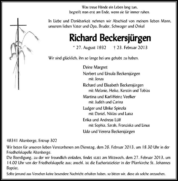  Traueranzeige für Richard Beckersjürgen vom 25.02.2013 aus Westfälische Nachrichten
