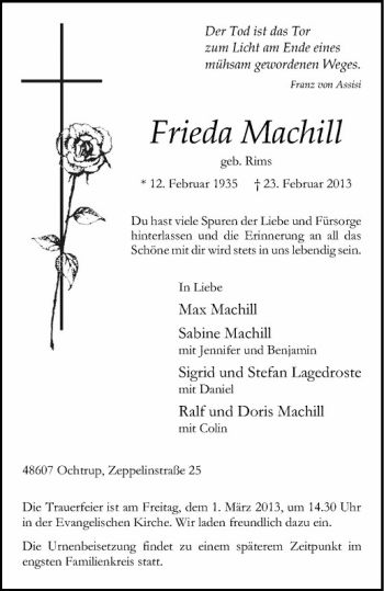 Anzeige von Frieda Machill von Westfälische Nachrichten