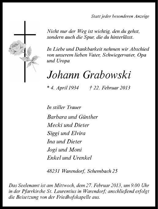  Traueranzeige für Johann Grabowski vom 25.02.2013 aus Westfälische Nachrichten