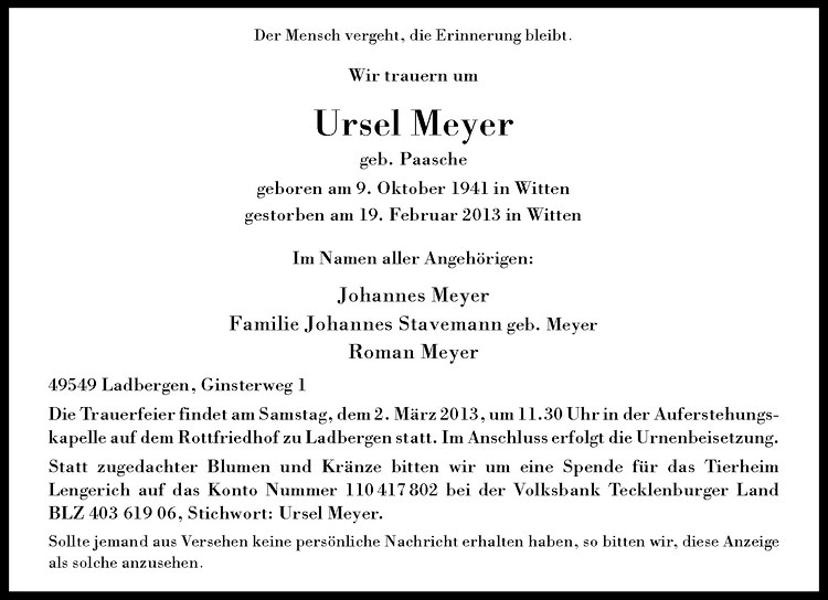  Traueranzeige für Ursel Meyer vom 27.02.2013 aus Westfälische Nachrichten