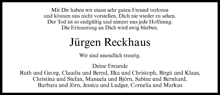  Traueranzeige für Jürgen Reckhaus vom 26.02.2013 aus Westfälische Nachrichten