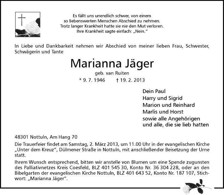  Traueranzeige für Marianna Jäger vom 26.02.2013 aus Westfälische Nachrichten