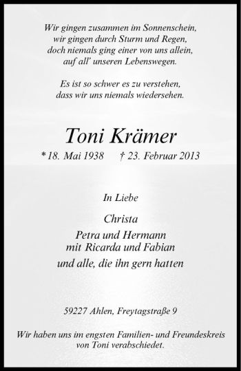 Anzeige von Toni Krämer von Westfälische Nachrichten