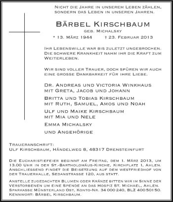 Anzeige von Bärbel Kirschbaum von Westfälische Nachrichten