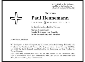Anzeige von Paul Hennemann von Westfälische Nachrichten