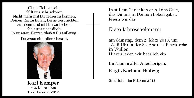  Traueranzeige für Karl Kemper vom 27.02.2013 aus Westfälische Nachrichten