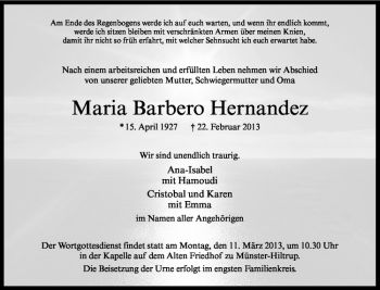 Anzeige von Maria Barbero Hernandez von Westfälische Nachrichten
