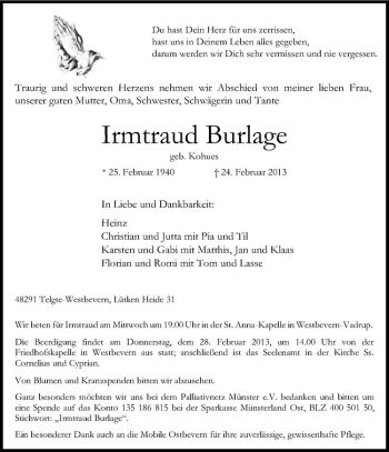 Anzeige von Irmtraud Burlage von Westfälische Nachrichten