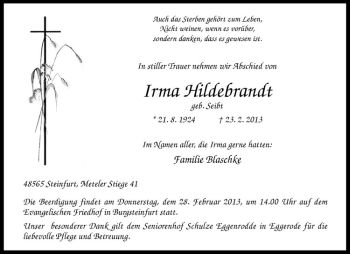 Anzeige von Irma Hildebrandt von Westfälische Nachrichten