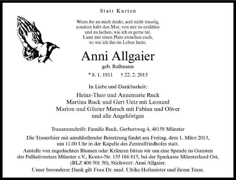  Traueranzeige für Anni Allgaier vom 27.02.2013 aus Westfälische Nachrichten