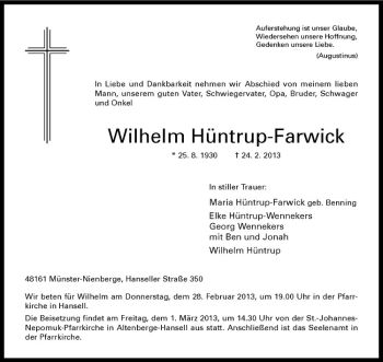 Anzeige von Wilhelm Hüntrup-Farwick von Westfälische Nachrichten