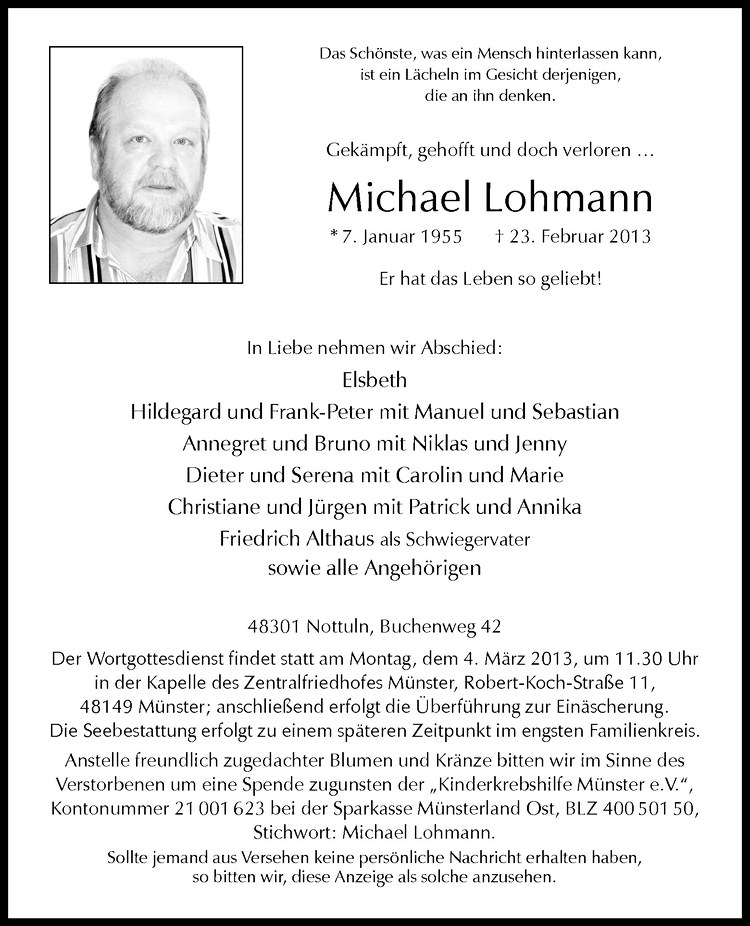  Traueranzeige für Michael Lohmann vom 27.02.2013 aus Westfälische Nachrichten