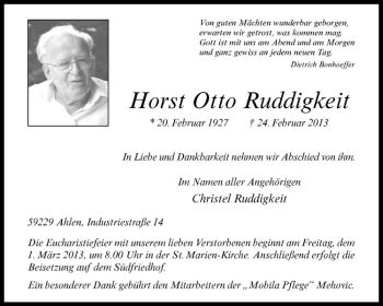 Anzeige von Horst Otto Ruddigkeit von Westfälische Nachrichten