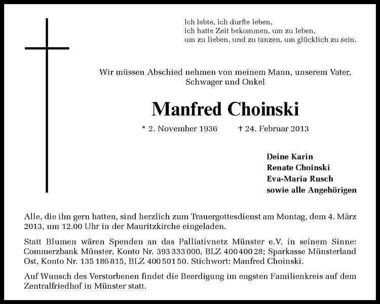  Traueranzeige für Manfred Choinski vom 27.02.2013 aus Westfälische Nachrichten