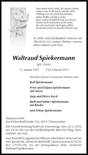 Anzeige von Waltraud Spiekermann von Westfälische Nachrichten