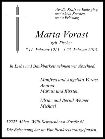 Anzeige von Marta Vorast von Westfälische Nachrichten