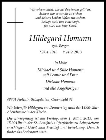 Anzeige von Hildegard Homann von Westfälische Nachrichten